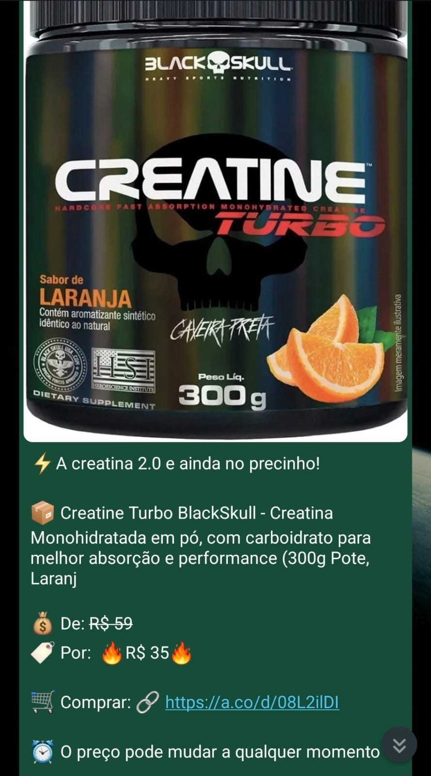 Mensagem de oferta de creatina Black Skull.