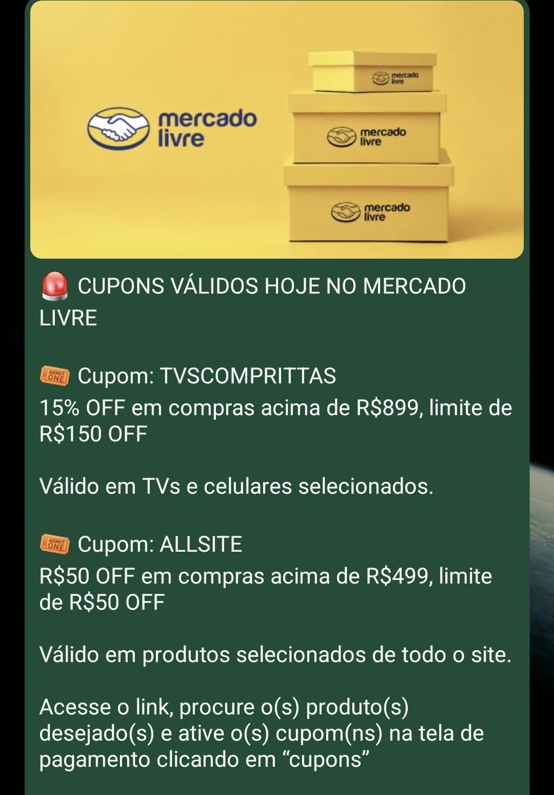 Mensagem com cupons do Mercado Livre e suas condições.