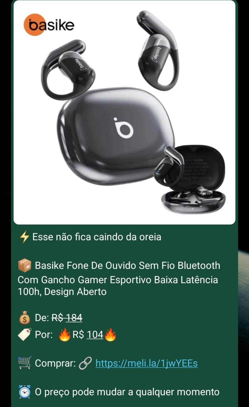 Mensagem de oferta de fones Bluetooth Basike.