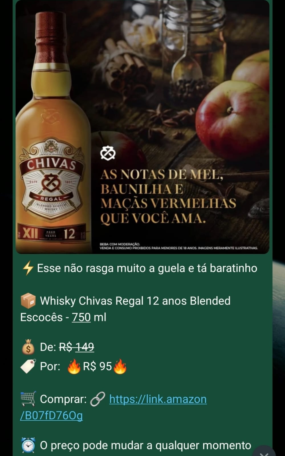 Mensagem de oferta de whisky Chivas Regal 12 anos.