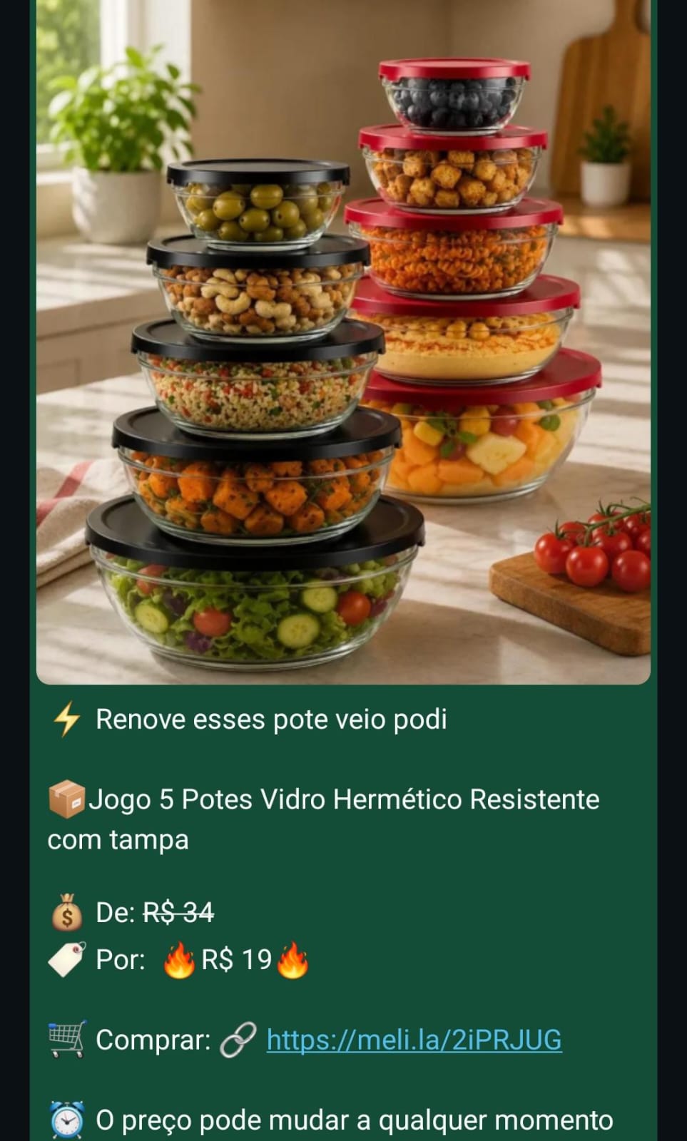 Mensagem de oferta de conjunto de potes de vidro.